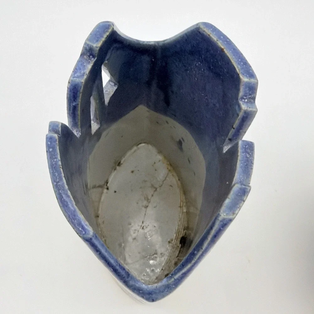 Blue And White Ceramic Pottery Vase Geometric Pierced Design Stamped Mark